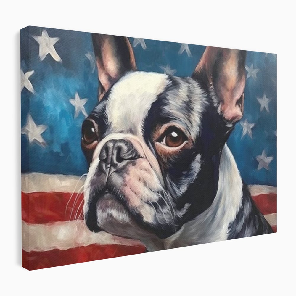 Tablou canvas cu tablou pictura caine boston terrier, fara rama, pe sasiu de lemn